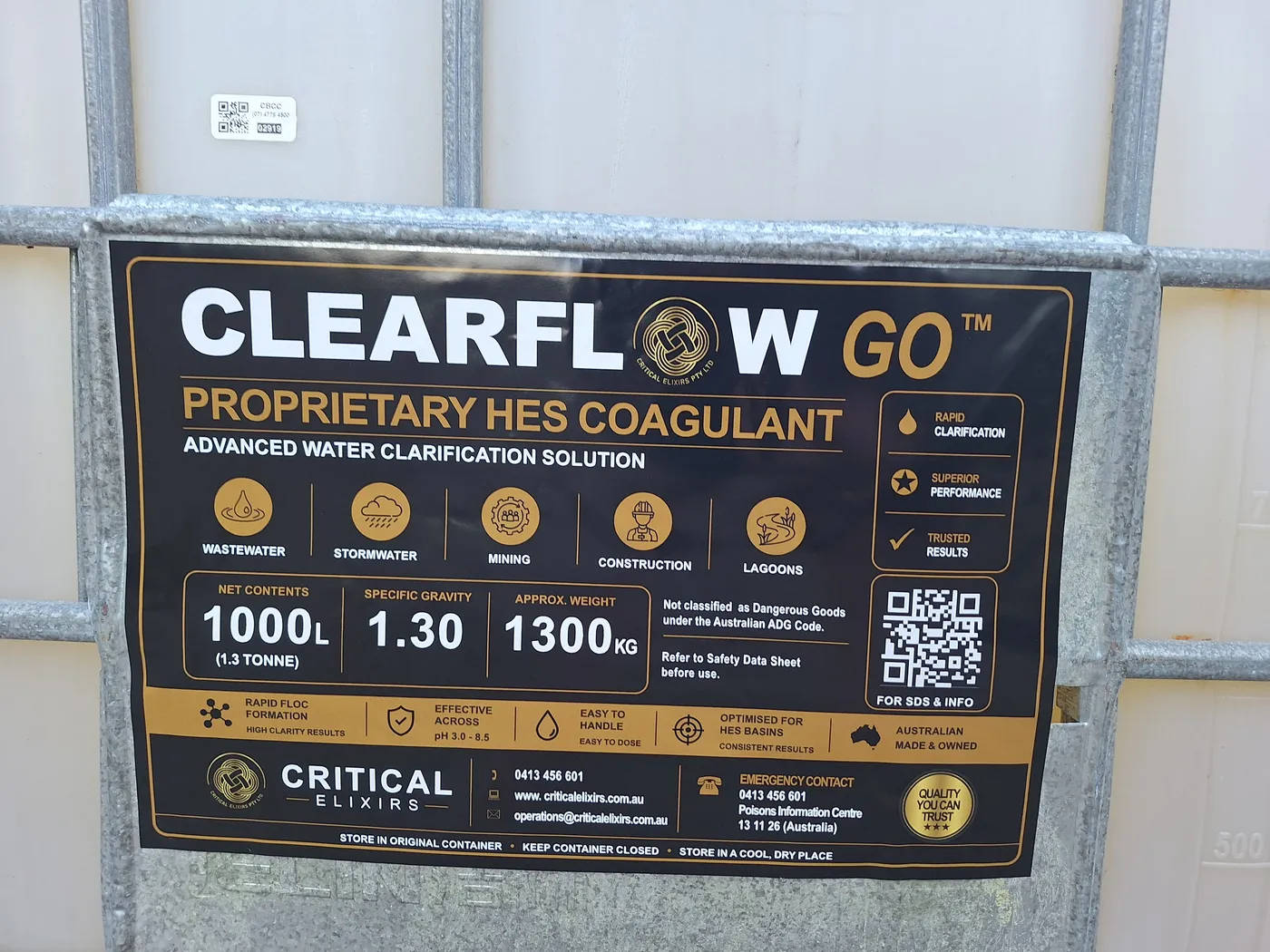 CLEARFLOW GO coagulant label on a supplied chemical container