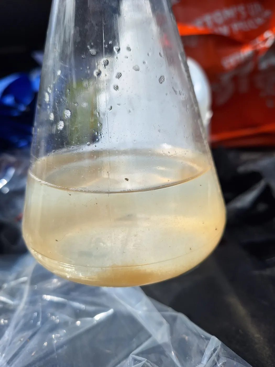 Water sample with settled material at the bottom of a flask