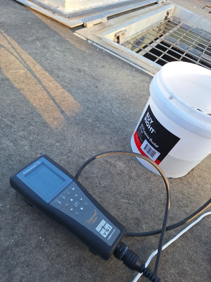Sampling bucket, water-quality instrument and probes beside a grated wet-well access opening